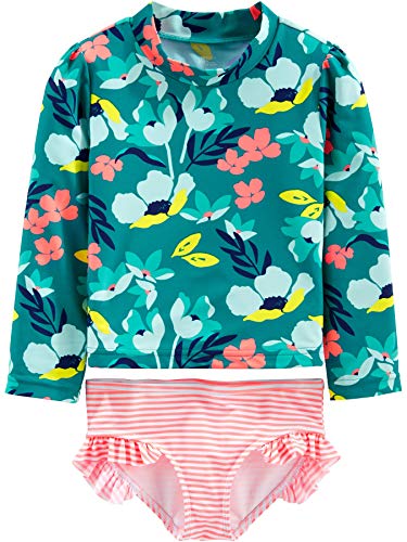 Simple Joys by Carter's Baby Girls' 2-Piece Assorted Rashguard Sets, Green Floral/Pink Stripe, 18 Months