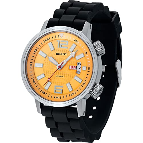 BERNY Men's Self-Winding Sport Watch, Analog Display, 20ATM Waterproof, Sapphire Glass, Scratch Resistant, Yellow Dial, 40mm Case, Stainless Steel Band, Yellow