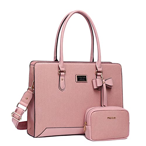 MOSISO Laptop Tote Bag for Women, 15.6 inch PU Leather Laptop Bag Compatible with MacBook, HP, Dell, Asus Notebook, Large Capacity Woven Travel Work Office Computer Bag & Clutch Purse, Pink