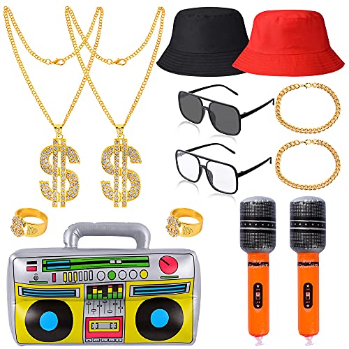 YAROMO 13 Pieces 80s 90s Party Decorations, 90s Hip Hop Costume Kit Rapper Accessories Includes Inflatable Boom Box Bucket Hat Gold Chain Ring