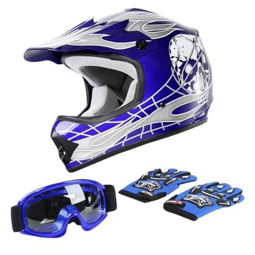 TCT-MOTORPARTS DOT Youth Kids Motocross ATV Helmets Offroad Street Dirt Bike Go-Kart BMX MX Full Face Helmet Blue Skull Samll Size