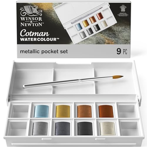 Winsor & Newton Cotman Watercolor Paint Set, 8 Half Pan, Metallic Colors w/ Brush