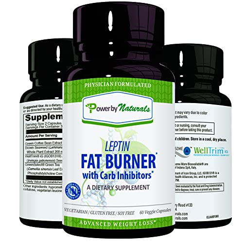 Power By Naturals: Leptin Fat Burner with Carb Blocker - 60 Gluten-Free Capsules, Leptin Weight Loss Diet Pills, Efficient Fat Burner, Appetite Suppressant
