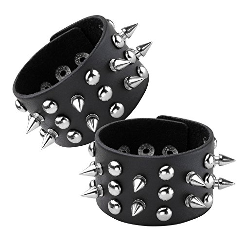 Eigso 2 Pcs Spikes Studded Leather Bracelets for Men Women Punk Biker Bracelet Set with Rivets.