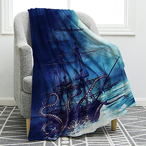 Jekeno Pirate Ship Blanket Octopus Tentacles Sailboat Wave Print Throw Blanket Lightweight Cozy Soft Print Warm for Kids Teens Gift 50'x60'