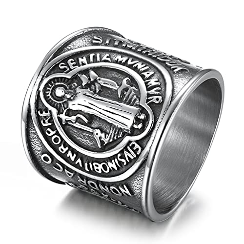 WOYNJI Men's Stainless Steel St Benedict Exorcism Ring Catholic Roman Protection Super Wide Band Silver Size 11