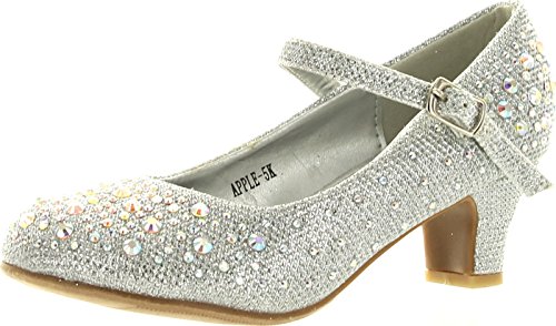 JJF Shoes Apple Kids Sliver Sparkling Mary Jane Rhinestone Glitter Formal Dress Low Heel Pumps-13