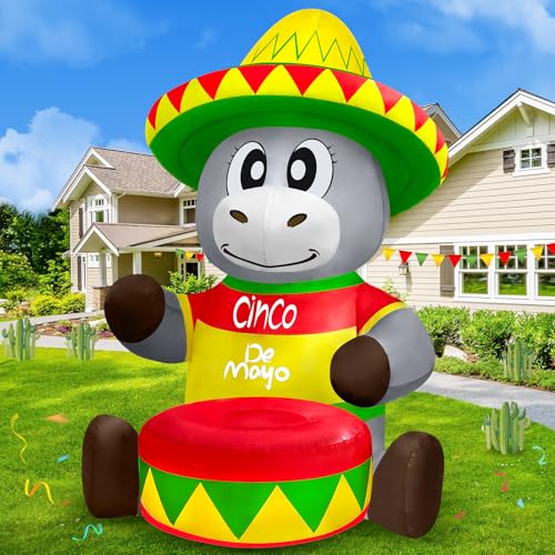 Danxilu 6FT Cinco De Mayo Inflatables Donkey with Taco Sombreros Beating Drum, Summer Inflatables Outdoor Decorations Built-in LEDs May 5 Blow Up Holiday Party Indoor Garden Yard Fiesta Mexican Decor