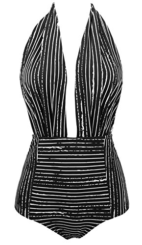 COCOSHIP Black Striped & White Balancing Act Vintage One Piece Backless Bather Swimsuit High Waisted Pin Up Swimwear Maillot L(US8)