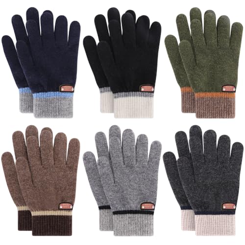 GOHI 6 Pairs of Kids Gloves Boys Winter Gloves Stretchy Full Fingers Knitted Gloves Wool Fleece Lined Mittens,6-12Years