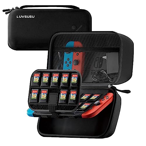 luvsusu Carry Case Compatible with Nintendo Switch and New Switch OLED Console, Portable Hard Shell Game Case Travel Pouch With Pockets for Accessories and Games, With 19 Game Cartridges, Black