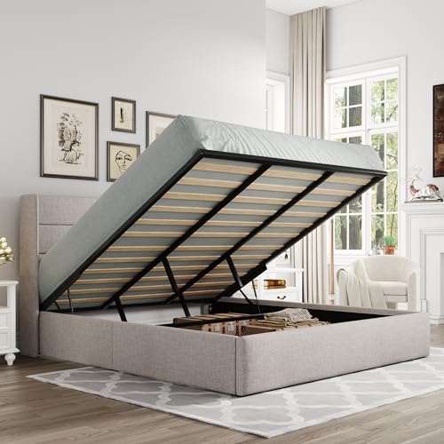 Allewie King Size Lift Up Storage Bed, Modern Wingback Headboard, No Box Spring Needed, Hydraulic Storage, Light Beige