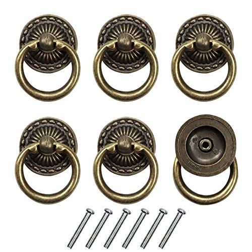 Chris.W 6pcs Vintage Bronze Drop Ring Knobs Pulls Handles for Dresser Drawer Antique Drawer Pull Ring Single Hole Decorative Hardware with Screws for Furniture Cabinet Cupboard (Round)