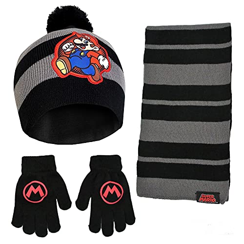 Nintendo Boys' Winter Hat, Scarf, Gloves Sets, Super Mario for Ages, Black/Grey, Kids 4-7