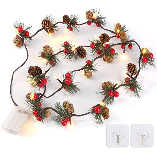 Sggvecsy Christmas Garland with Lights 7Ft Christmas Pine Cones Garland with Red Berries Pine Needles for Christmas Decoration Mantle Fireplace Holiday Winter Stairs Indoor Outdoor Decor
