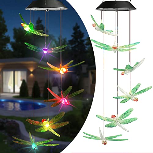 Toodour Solar Wind Chimes Dragonfly, Color Changing Solar Lights Outdoor, Gardening Gift, Birthday Gifts for Mom, Grandma,Waterproof Decorative Mobile Lights for Garden,Patio, Window, Yard Decor