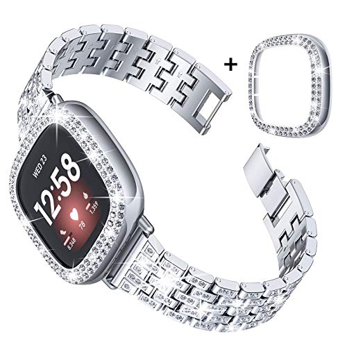 Goton Compatible for Fitbit Versa 3 Bands Women, Bling Diamond for Fitbit Sense Bands Women Replacement Strap Bracelet & Bling Bumper Protective Case Compatible for Fitbit Sense / Versa3 (Silver)