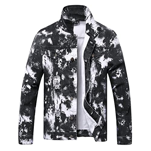RANMCC Jean Jacket for Men Slim Fit Ripped Denim Jacket Coat (Medium, Black02)