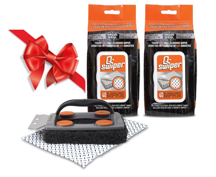 Q-Swiper BBQ Grill Cleaner Set - 1 Grill Brush with Scraper and 80 BBQ Grill Cleaning Wipes | No Bristles & Wire Free | Safe Way to Remove Grease and Grime for A Clean and Healthy Grill!