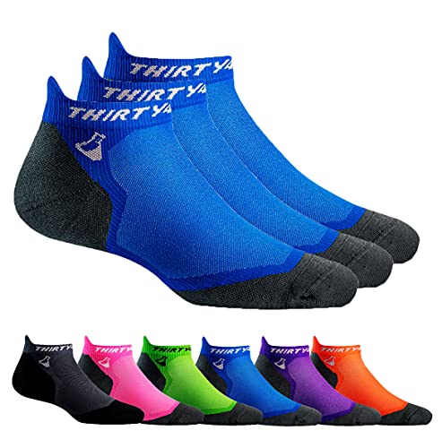 Thirty48 Ultralight Athletic Running Socks for Men and Women with Seamless Toe, Moisture Wicking, Cushion Padding (Large - Women 9-10.5 // Men 10-11.5, [3 Pairs] Blue/Gray)