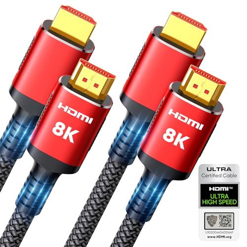 Snowkids 10K 8K HDMI 2.1 Cable 10FT 2-Pack, 48Gbps Certified High Speed HDMI Braided Cord (8K@60Hz, 4K@120Hz) HDCP 2.2&2.3, DTS:X, eARC,HDR10, Dynamic HDR, Compatible with Roku TV/HDTV/PS5/Blu-ray