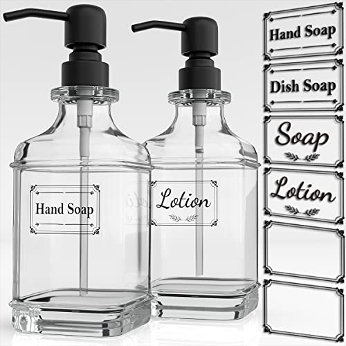GLADPURE Soap Dispenser - 2 Pack, 18 Oz Antique Design Thick Glass Hand Dispensers; with 304 Rust Proof Stainless Steel Pump, 6Pcs Clear Stickers, for Kitchen, Bathroom Black