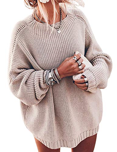 Ugerlov Women's Oversized Sweaters Batwing Sleeve Mock Neck Jumper Tops Chunky Knit Pullover Sweater (Beige, L/XL)