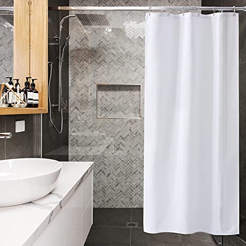 Amazer Small Stall Shower Curtain Liner Washable, 36 x 72 Inches, Fabric Shower Liner with 2 Bottom Stones, Narrow Waterproof RV Shower Curtain Liner, 6 Grommet Holes, Hotel Quality, White