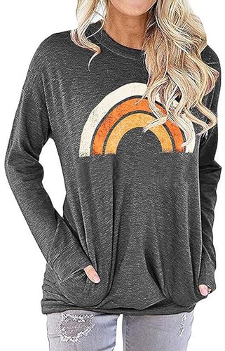Akihoo Womens Good Vibes Shirt Long Sleeve Letter Print Rainbow Tops Tunics L
