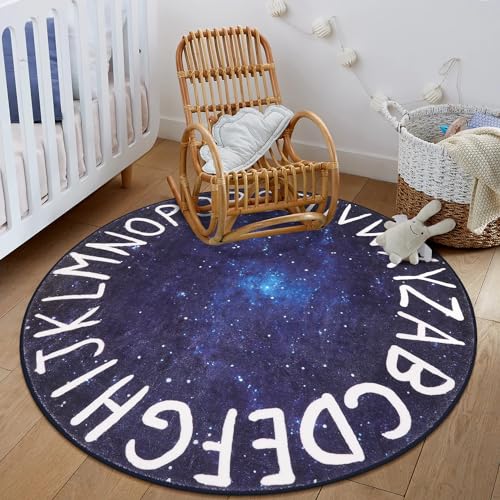 LIVEBOX Space Round ABC Rug for Kids Playroom, Alphabet Nursery Rug Crawling Play Mat for Children Bedroom, Galaxy Washable Rug Learning Carpet for Baby Toddlers Room (47',Star Blue)