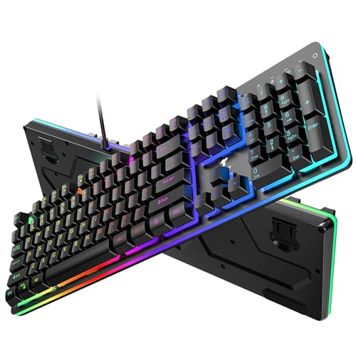 TECURS Membrane Gaming Keyboard - 104 Keys Full Size Programmable RGB Backlit Computer Keyboard, Silent USB Wired Keyboard with Multimedia Keys, Anti-ghosting Keys for Windows Desktop Laptop PC, Black