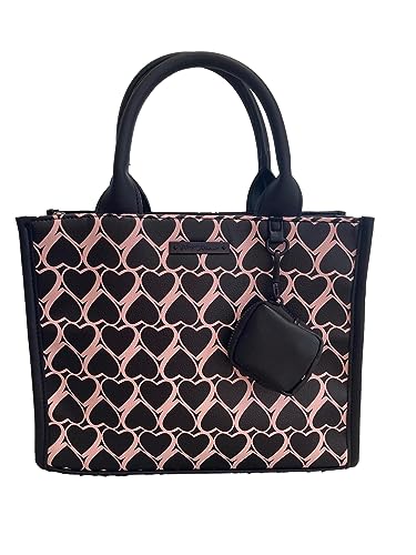 Betsey Johnson XOMILAN Black/Pink Heart Twin Printed W/Detachable Black Zip Case Textured Faux Leather Triple Entry Satchel Shoulder Bag