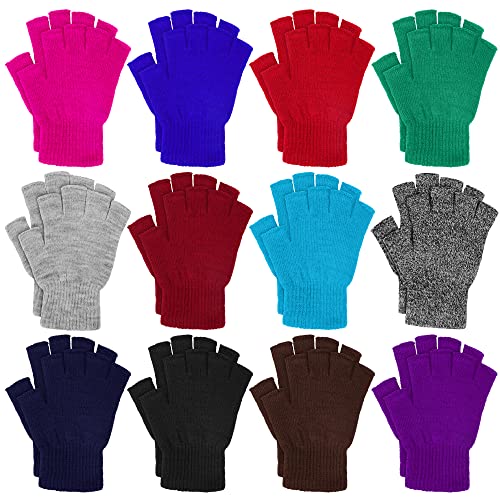 URATOT 12 Pairs Winter Half Finger Gloves Unisex Fingerless Gloves Knit Solid Typing Warm Stretchy Gloves for Men Women