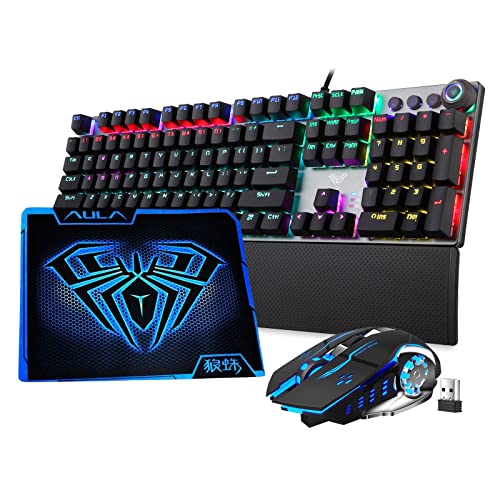 AULA Gaming Keyboard and Mouse Combo, Wired Mechanical Keyboard Brown Switch Black + Wireless Mouse Black + Mouse Pad, LED Keyboard Mouse Set