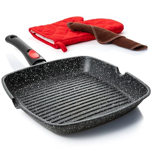 Moss & Stone Square Grill Pan For Indoor Cooking, Die Casting Aluminum Grill Pan, Removable Handle Nonstick Stove Top Grill Pan for Meats & Vegetables, 11In Square Pan with Detachable Handle