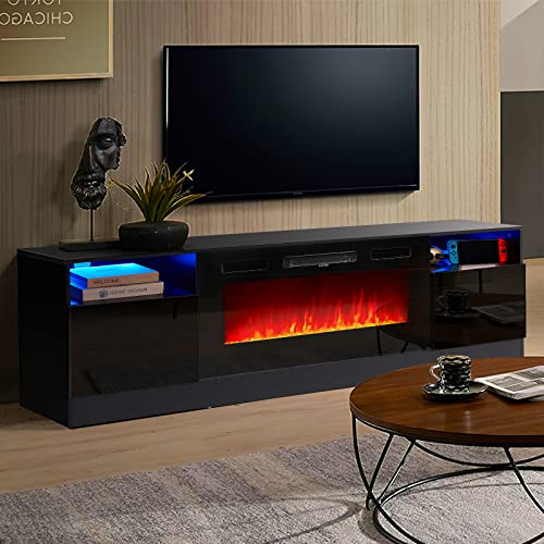 oneinmil Fireplace TV Stand with 36' Electric Fireplace, LED Light Entertainment Center, Modern Wood Texture Entertainment Stand with Highlight Storage Cabinet for TVs Up to 80', 70 inches, Black