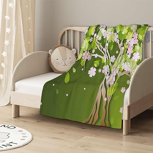 Green Light Pink Soft Fuzzy Plush Blanket, Luxury Flannel Lap Blanket, Super Cozy and for All Seasons Tree with Blossoming Flourishing Petals (40 * 60)