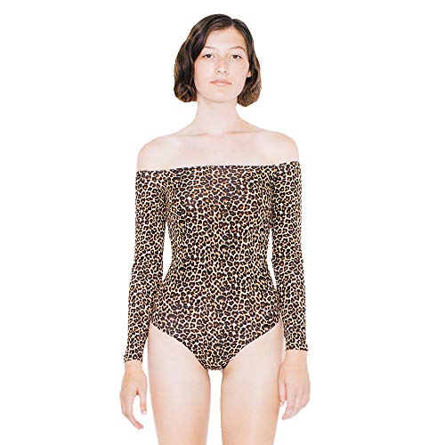 American Apparel Women Cotton Spandex Off-Shoulder Long Sleeve Bodysuit, Cheetah, X-Small