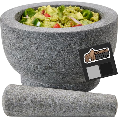 Gorilla Grip 100% Granite Slip Resistant Mortar and Pestle Set, Stone Guacamole Spice Grinder Bowls, Large Molcajete for Mexican Salsa Avocado Taco Mix Bowl, Kitchen Cooking Accessories, 1.5 Cup, Gray
