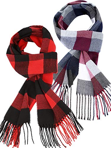 SATINIOR 2 Pieces Women Buffalo Plaid Scarf Winter Buffalo Check Scarves Warm Blanket Scarf Plaid Wrap Shawl (Red Black, Red Gray)