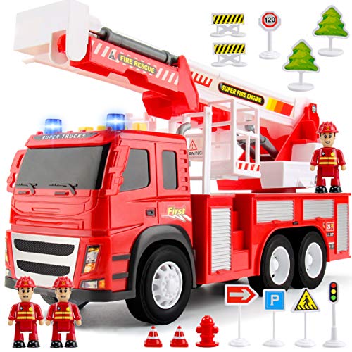 Fire Truck Playset - 1:12 Scale Large Size Toys - Realistic Fire Engine, 3 Firemen, Road Signs, Lights, Sounds - Friction-Powered Fire Truck Toys for 3 Year Old Boys, Girls, Toddlers Age 3 4 5