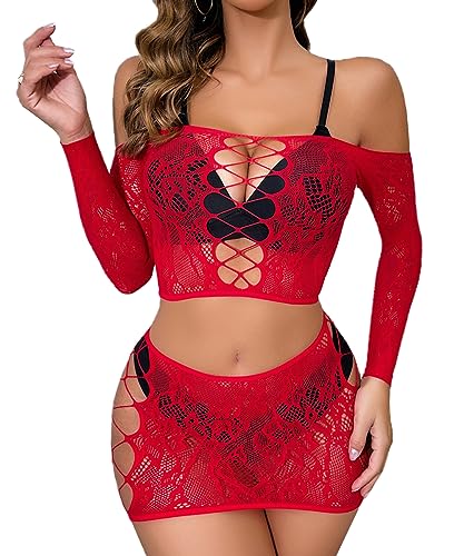Buitifo Womens Lingerie Set Fishnet Babydoll Bodysuit Sexy Nightwear（Red TJCA,M