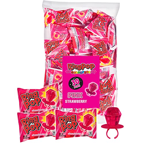 Ring Pop Individually Wrapped Pink Strawberry 30 Count Bulk Lollipop Pack – Strawberry Flavored Lollipop Suckers for Kids - Fun Candy Bulk for Gender Reveal Parties, Bachelorettes, & Party Favors