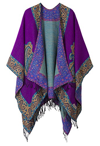 Women's Fashionable Retro Style Vintage Pattern Tassel Poncho Shawl Cape (series 2 Purple)