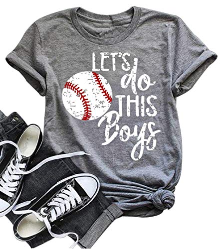 DUDUVIE Women Let's Do This Boy Baseball Mom Tshirt Casual Letter Print Tops Tee(Large,Gray)