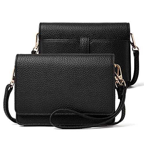 BROMEN Crossbody Bags for Women Small Cell Phone Shoulder Bag Wristlet Wallet Clutch Purse Tumbled Leather Black