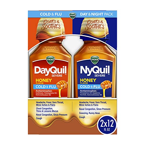 Vicks DayQuil & NyQuil Severe Combo Pack, Cold & Flu Medicine, Max Strength Relief for Fever, Sore Throat, Sinus Pressure, Stuffy Nose, Honey Flavor, 2 x 12 oz Bottles, 1 NyQuil, 1 DayQuil