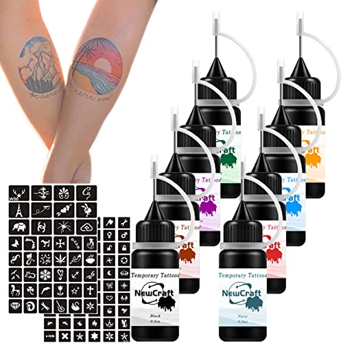 Temporary Tattoos Kit with 8 Bottles Tattoo Kit, 8 Colors Temporary Tattoo Inks, Freckles Gel for Art Markers, 102 Patterns Fake Tattoos stencils DIY for Men Women