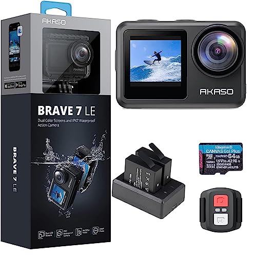 AKASO Brave 7 LE 4K30FPS 20MP WiFi Action Camera with Touch Screen EIS 2.0 Zoom Remote Control 131 Feet Waterproof Camera Support External Microphone + Kingston 64GB U3 MicroSDXC Memory Card (Bundle)