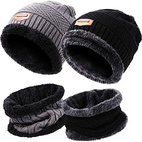 Winter Beanie Hat Set Fleece Lined Skull Cap and Scarf Unisex, 4 Pieces (Black and Grey)